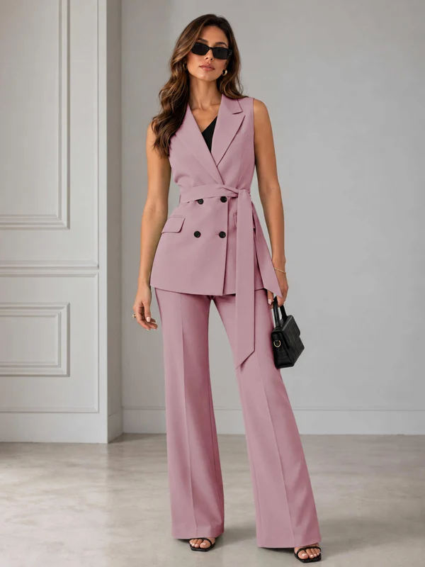 Refined Women’s Double Breasted Sleeveless 2-Piece Suit Set for Formal Events Pink