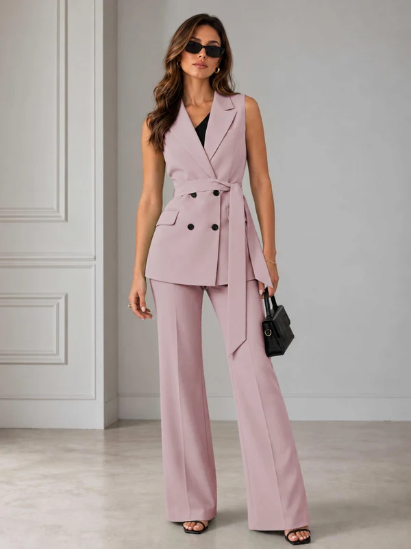 Refined Women’s Double Breasted Sleeveless 2-Piece Suit Set for Formal Events Blushing Pink