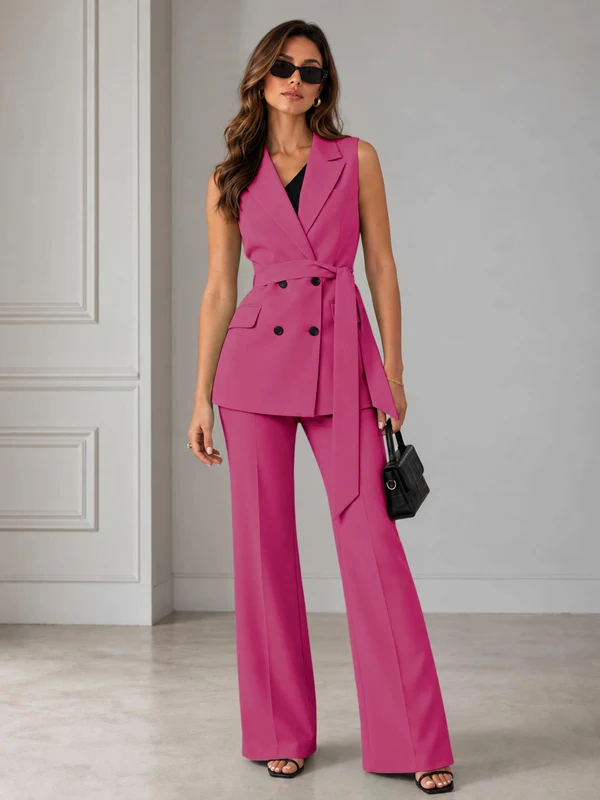 Refined Women’s Double Breasted Sleeveless 2-Piece Suit Set for Formal Events Hot Pink