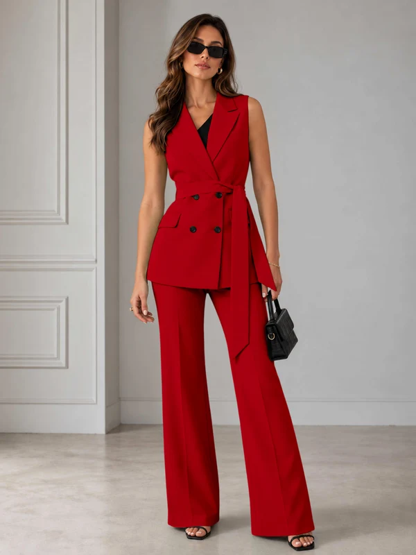 Refined Women’s Double Breasted Sleeveless 2-Piece Suit Set for Formal Events Red