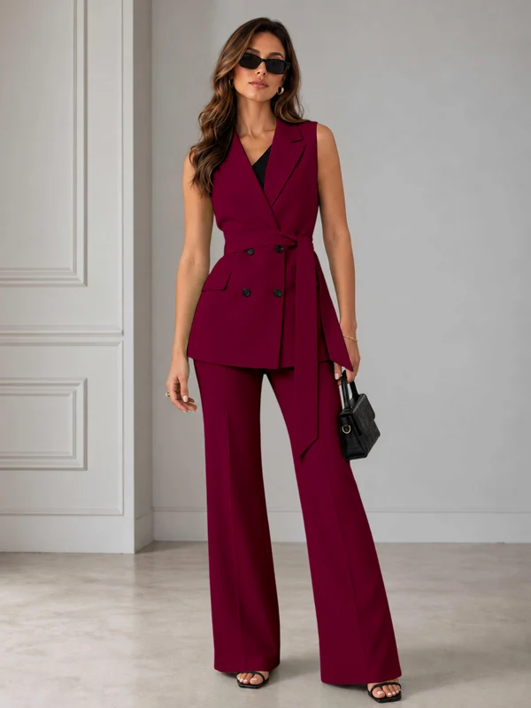 Refined Women’s Double Breasted Sleeveless 2-Piece Suit Set for Formal Events Burgundy