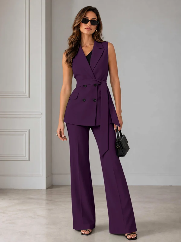 Refined Women’s Double Breasted Sleeveless 2-Piece Suit Set for Formal Events Plum