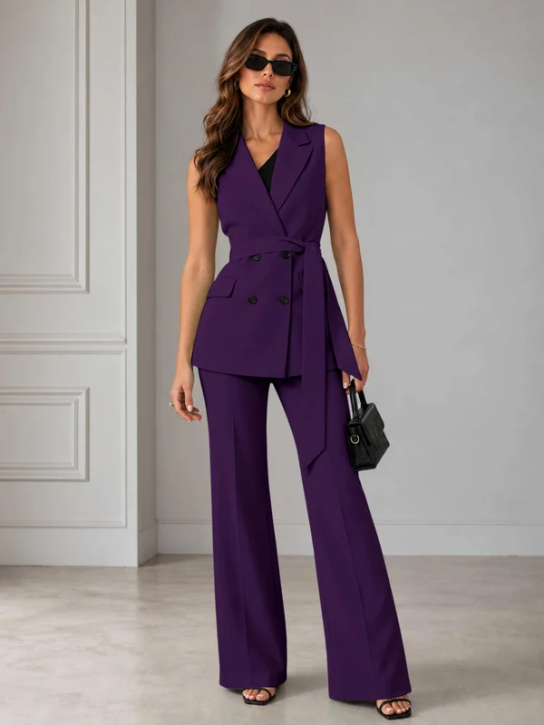 Refined Women’s Double Breasted Sleeveless 2-Piece Suit Set for Formal Events Purple