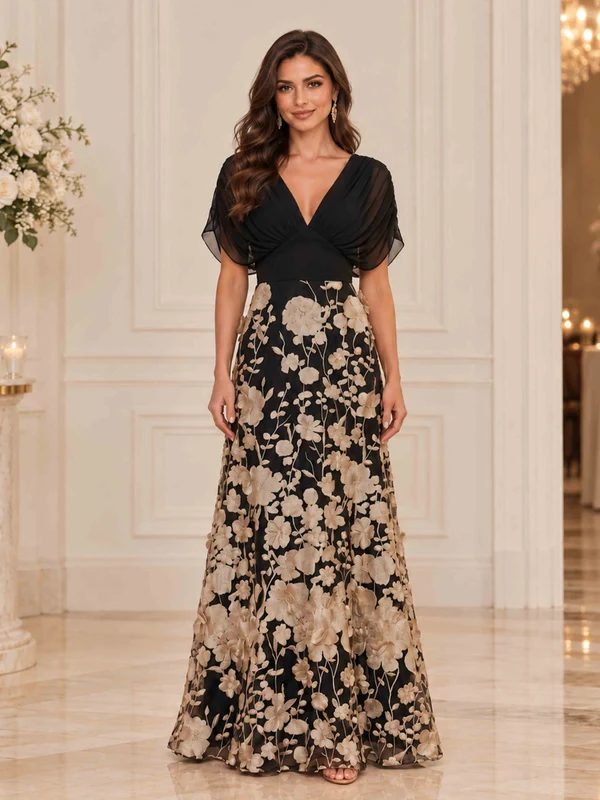 Ismerella Elegant V Neck Flutter Sleeves Chiffon 3D Floral Applique Mother of the Bride Dress Turquoise