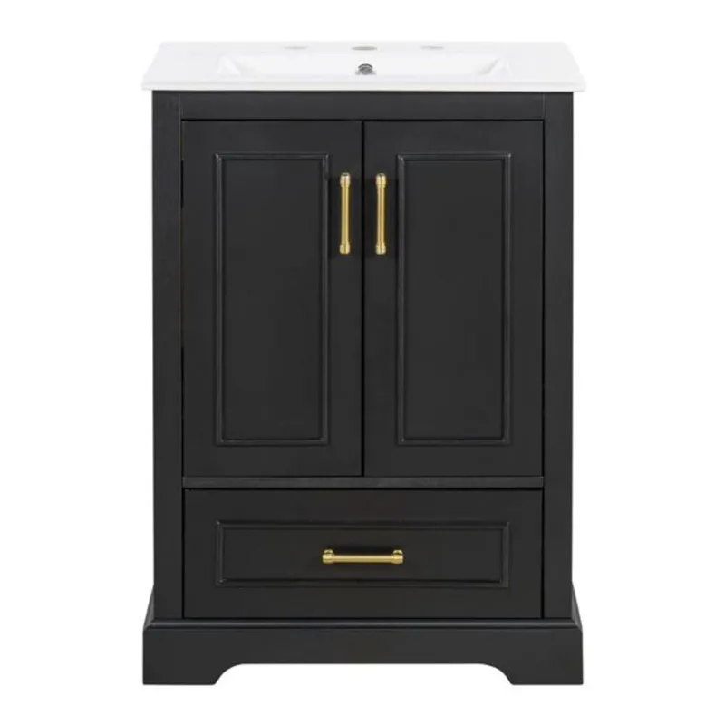 Homy Casa Ontario Bathroom Vanity in Solid Wood 24-in with Ceramic Sink - Black