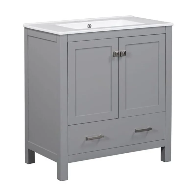 Homy Casa Texas Bathroom Vanity Grey Solid Wood 30-in with White Ceramic Top