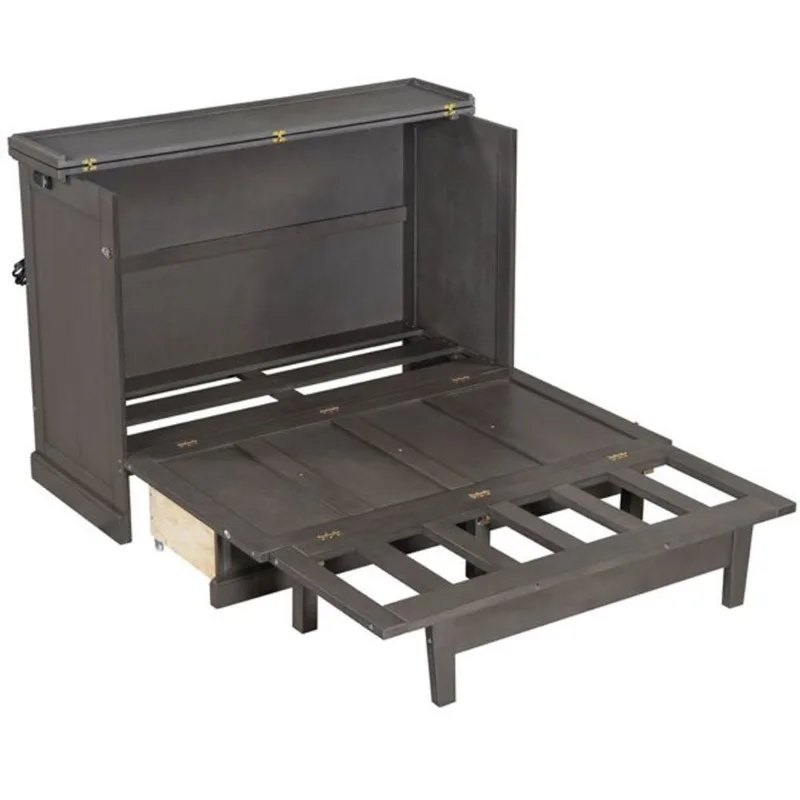 Homy Casa Delphi Full Size Farmhouse Murphy Bed w/ Storage Drawers and Charging Station - Grey