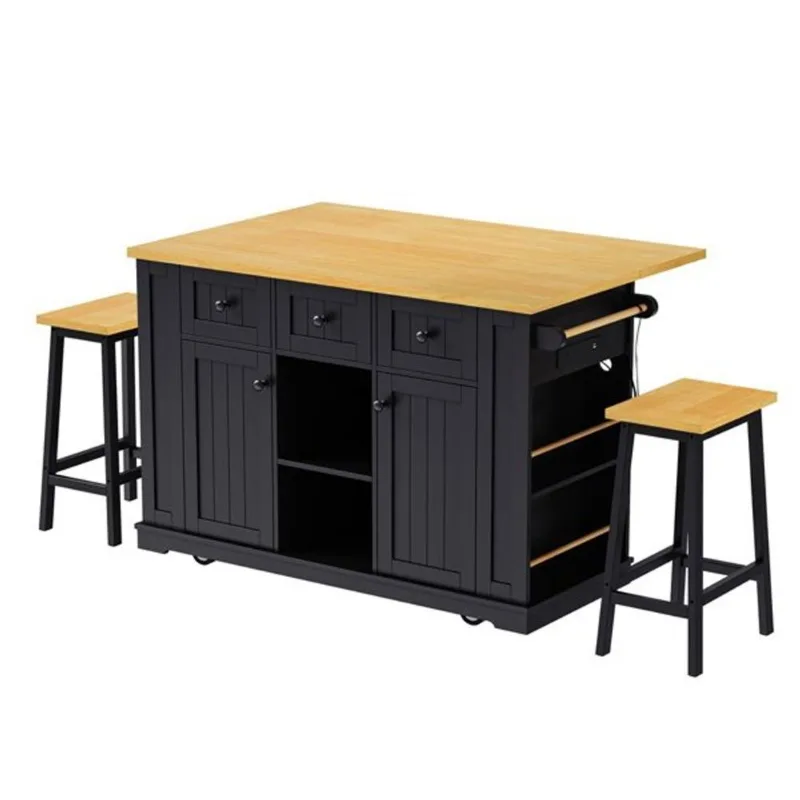 Homy Casa Maui Rolling Kitchen Island Dining Set Drop Leaf 53-in - Black