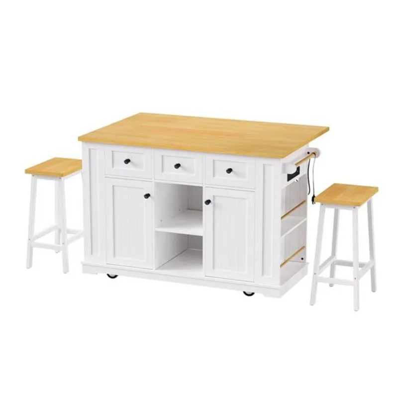 Homy Casa Maui Rolling Kitchen Island Dining Set Drop Leaf 53-in - White