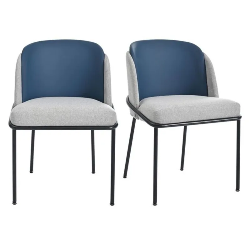 Homy Casa Thalia Set of 2 Upholstered Dining Chairs with Metal Frame and Curved Back - Blue and Grey
