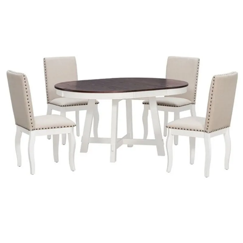 Homy Casa Argos 5 Pcs Farmhouse Dining Set w/ Extendable Round Wood Table and Upholstered Chairs - Beige