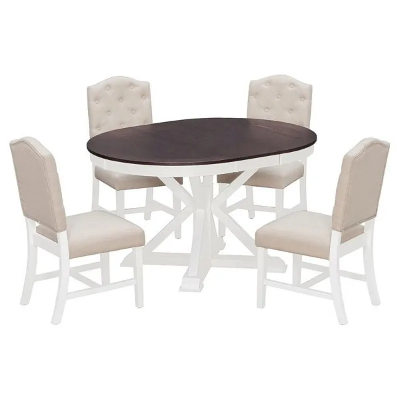Homy Casa Kavala 5 Pcs Dining Set Retro w/ Extendable Wood Table and Upholstered Chairs - Off White/Walnut