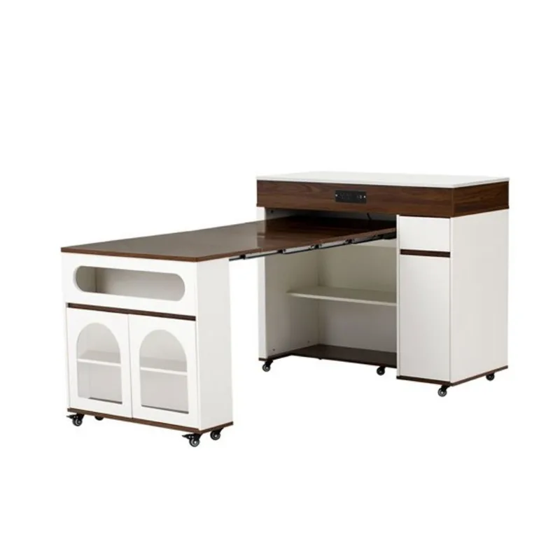 Homy Casa Paros Extendable Dining Table w/ Drawers and Rolling Cabinets 20-74-in - Creamy White/Walnut